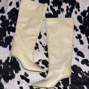 Zara Off-White Leather Knee-High Heeled Boots | Size 8